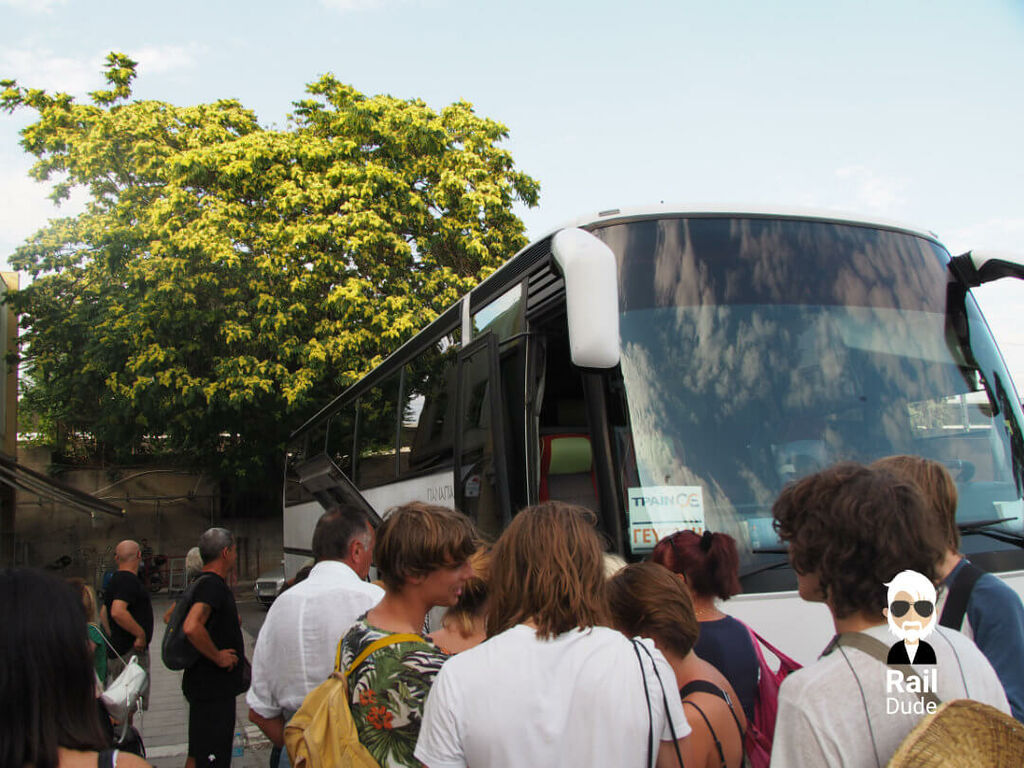 Many people in front of the bus to Gevgelija